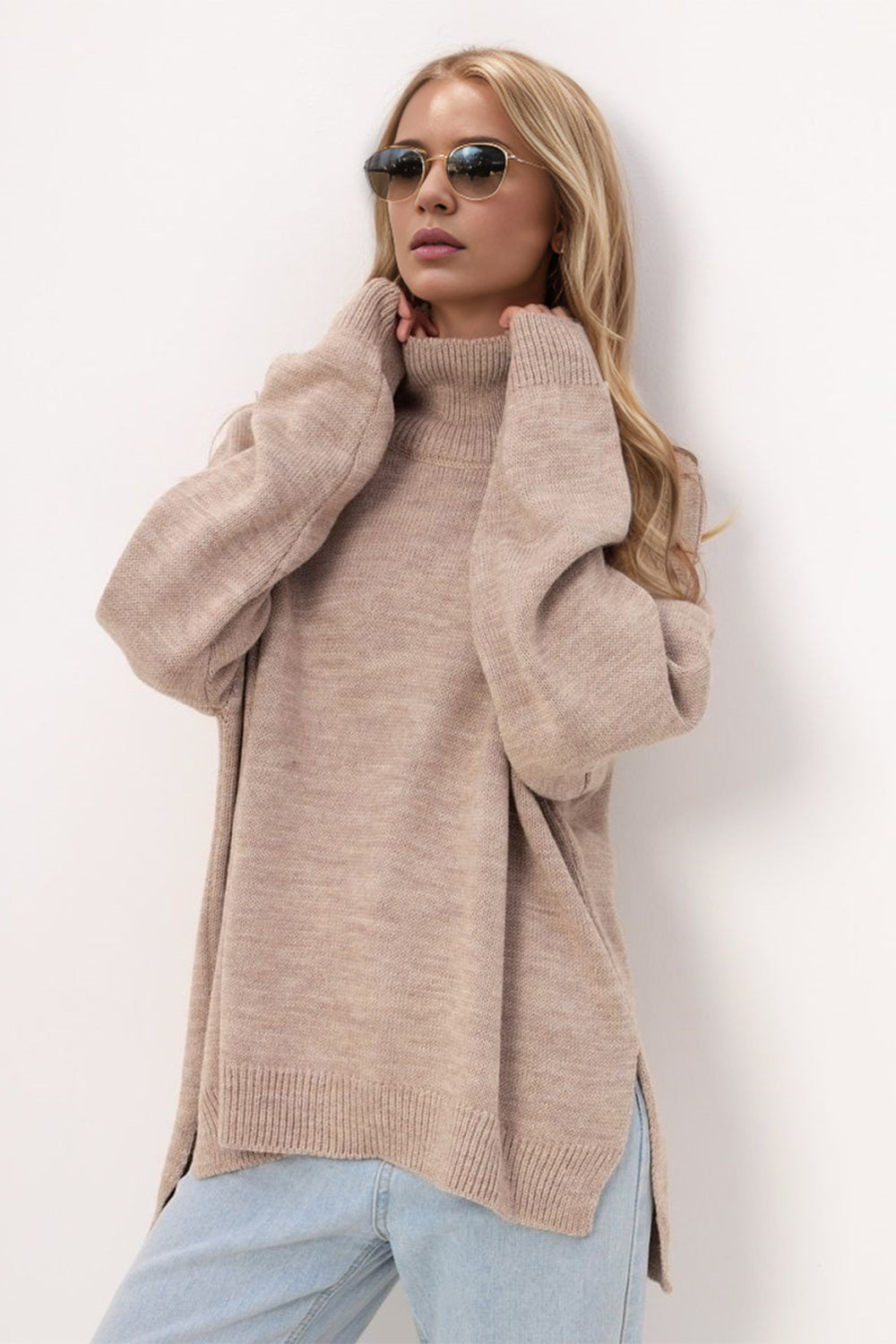 Basic Bae Side Slit Turtleneck Long Sleeve Sweater Trendsi