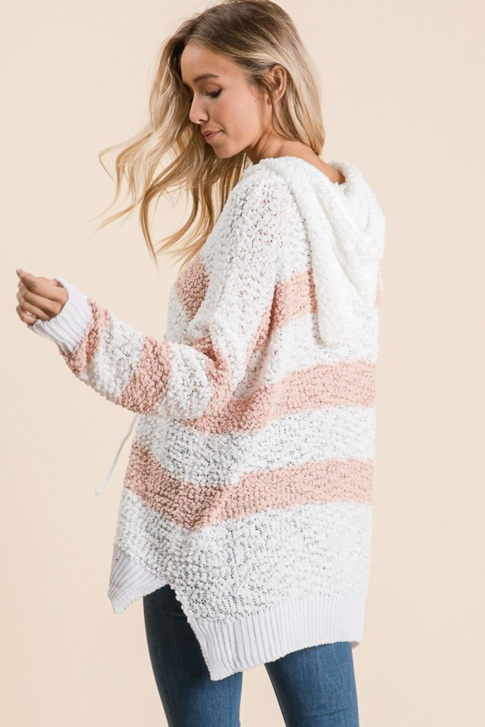 Reborn J Full Size High-Low Striped Popcorn Hoodie Sweater Trendsi