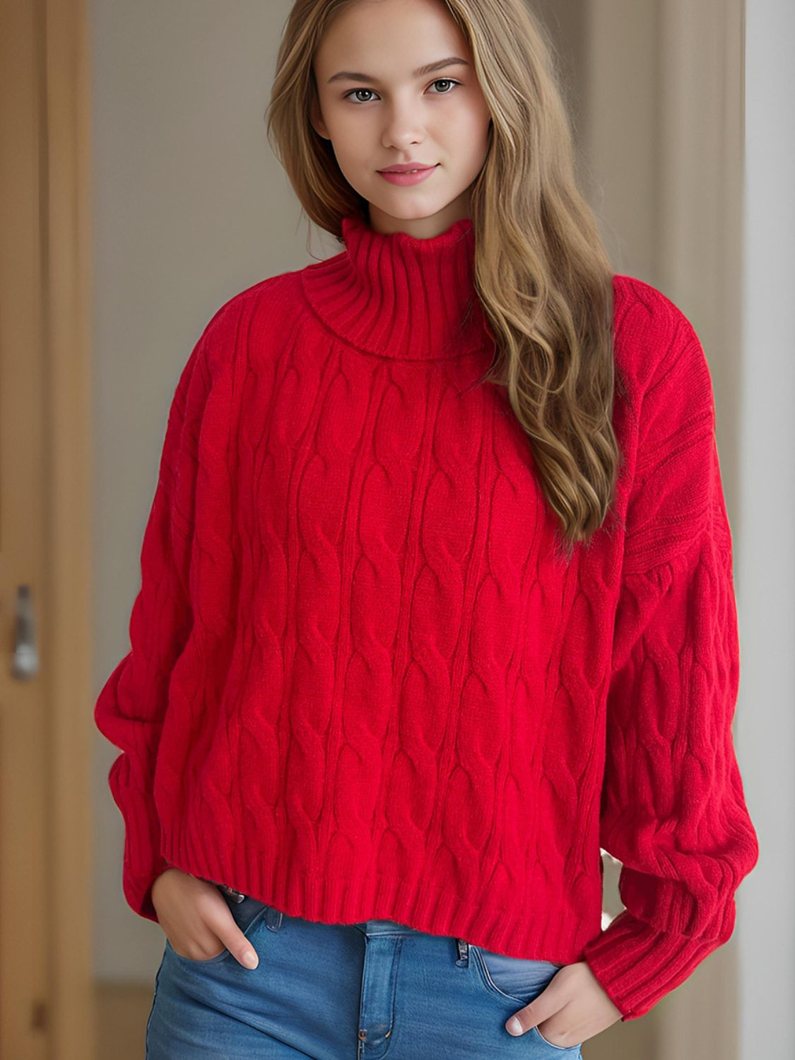 Cable-Knit Turtleneck Long Sleeve Sweater Trendsi