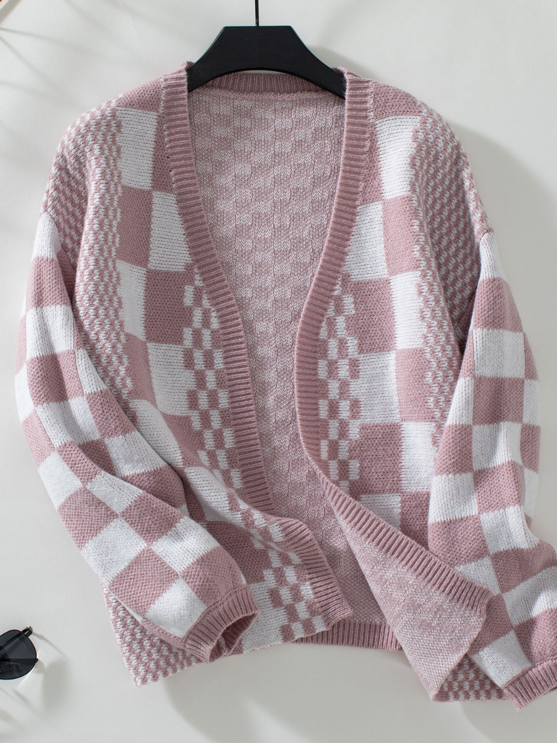 Double Take Checkered Open Front Dropped Shoulder Cardigan Trendsi