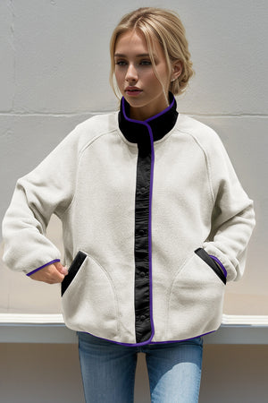 Double Take Snap Down Contrast Fleece Jacket with Pockets Trendsi