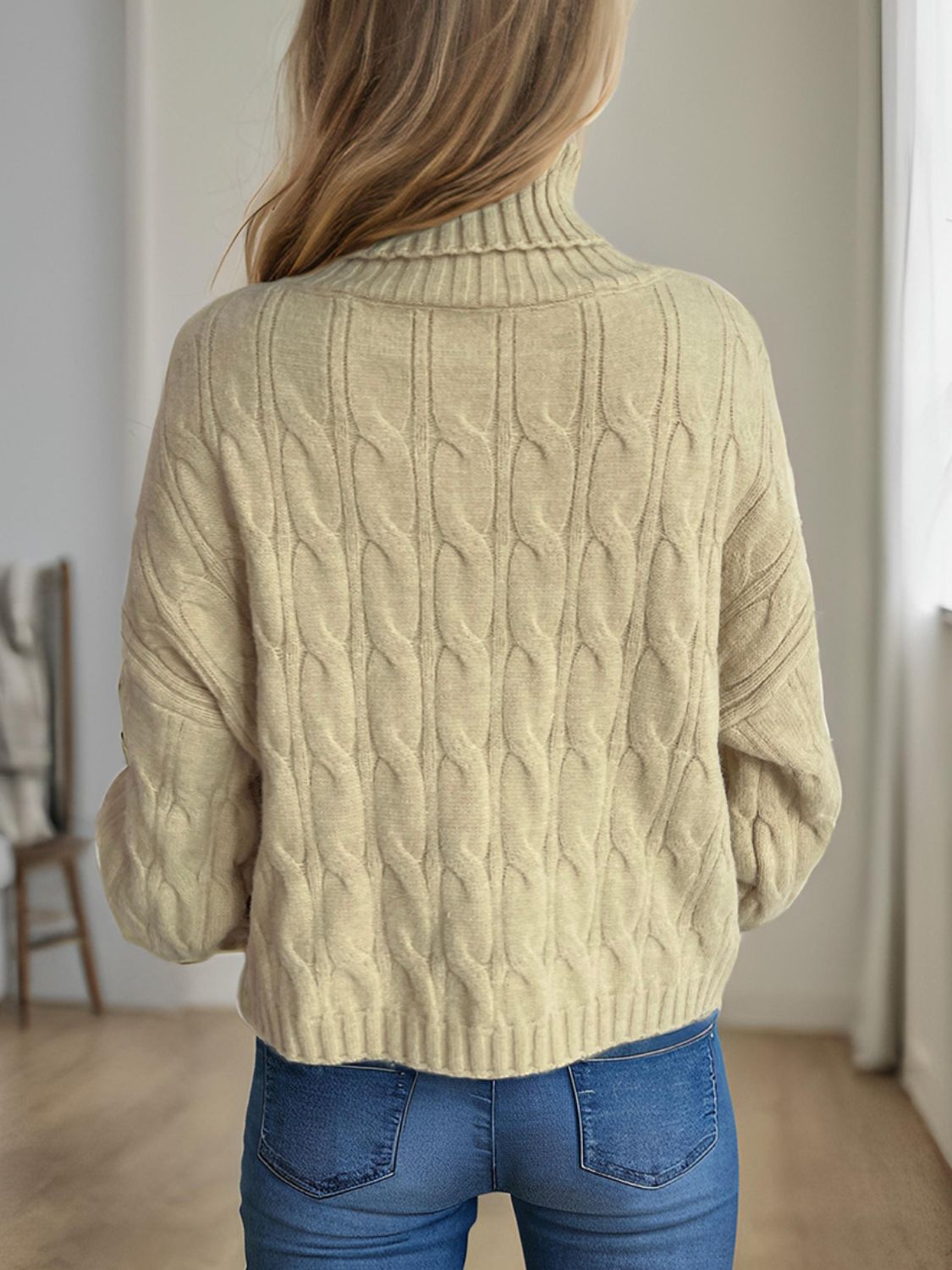 Cable-Knit Turtleneck Long Sleeve Sweater Trendsi