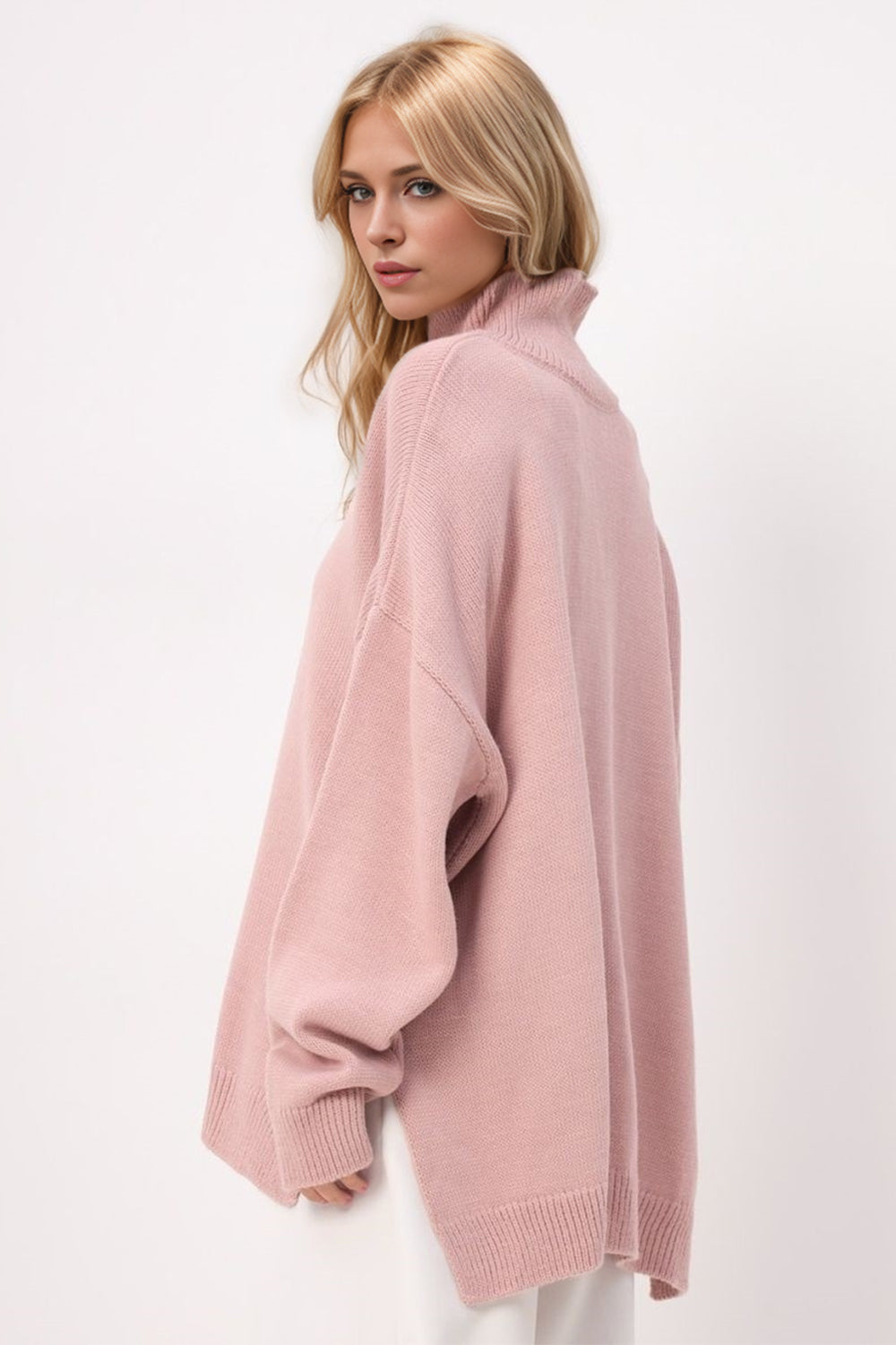 Basic Bae Side Slit Turtleneck Long Sleeve Sweater Trendsi