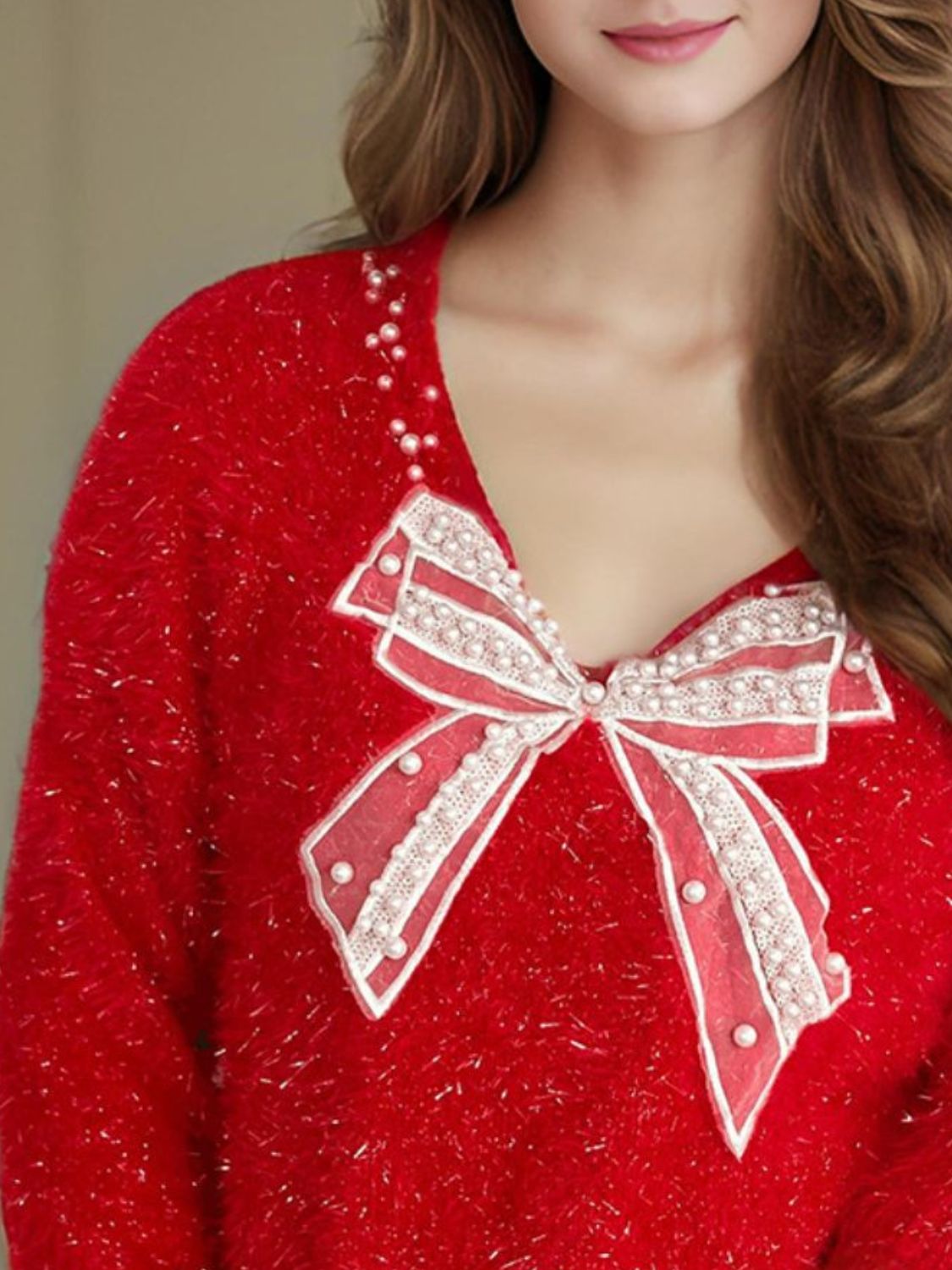 Bow Pearl Detail V-Neck Long Sleeve Sweater Trendsi