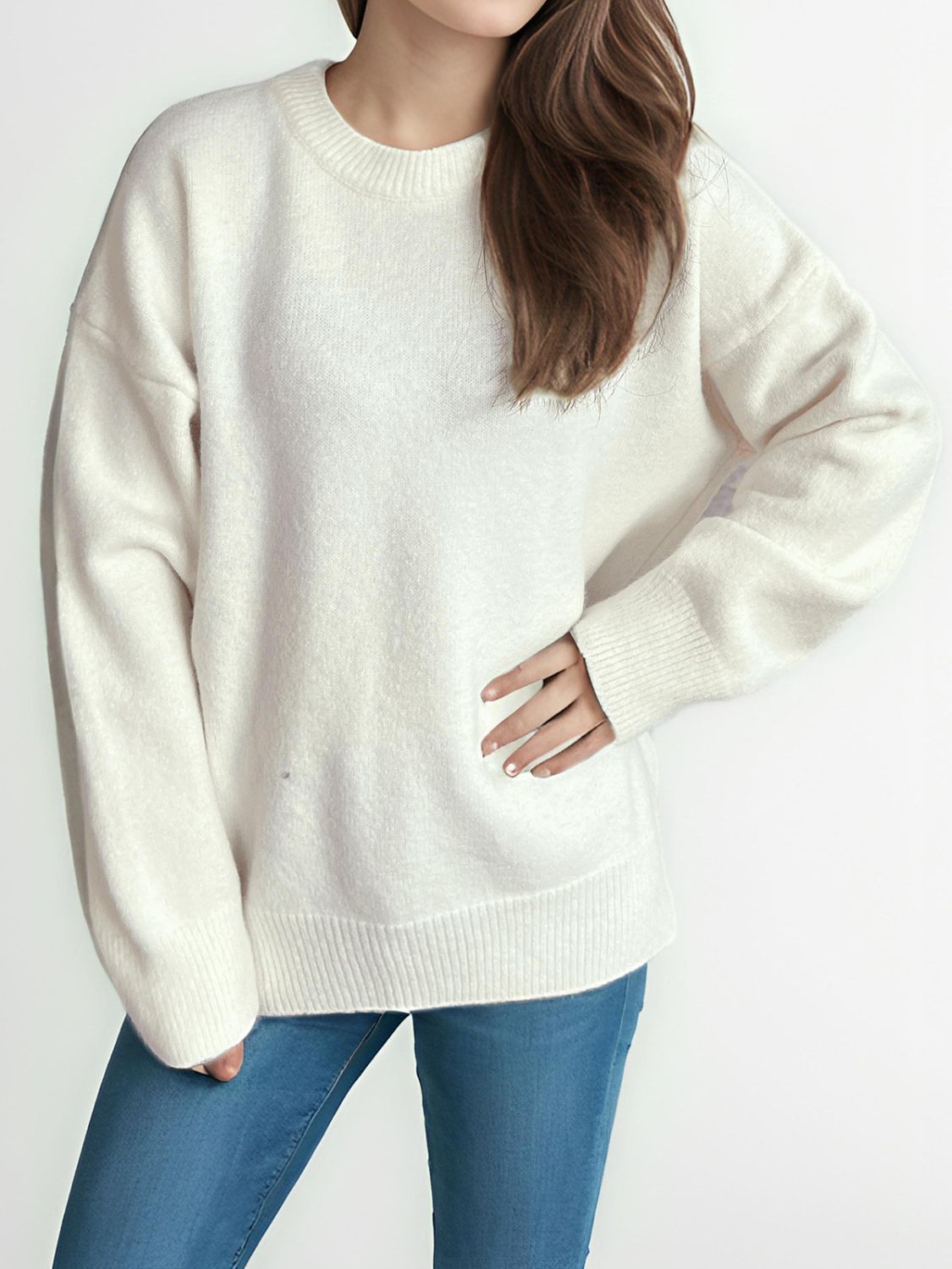 Round Neck Dropped Shoulder Long Sleeve Sweater Trendsi