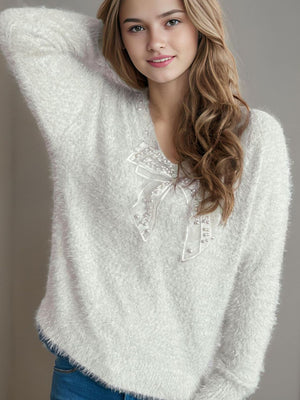 Bow Pearl Detail V-Neck Long Sleeve Sweater Trendsi