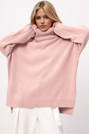 Basic Bae Side Slit Turtleneck Long Sleeve Sweater Trendsi