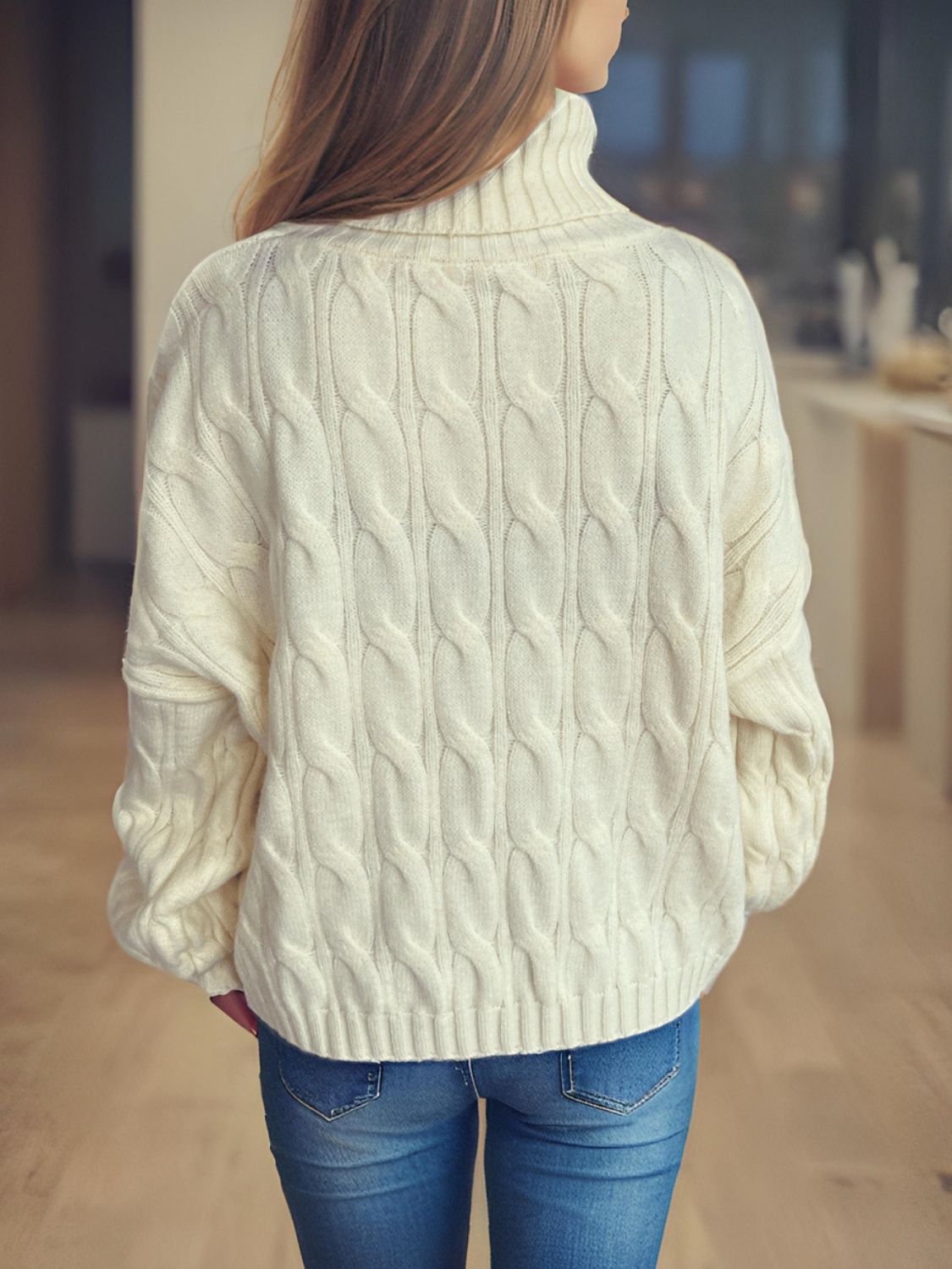 Cable-Knit Turtleneck Long Sleeve Sweater Trendsi