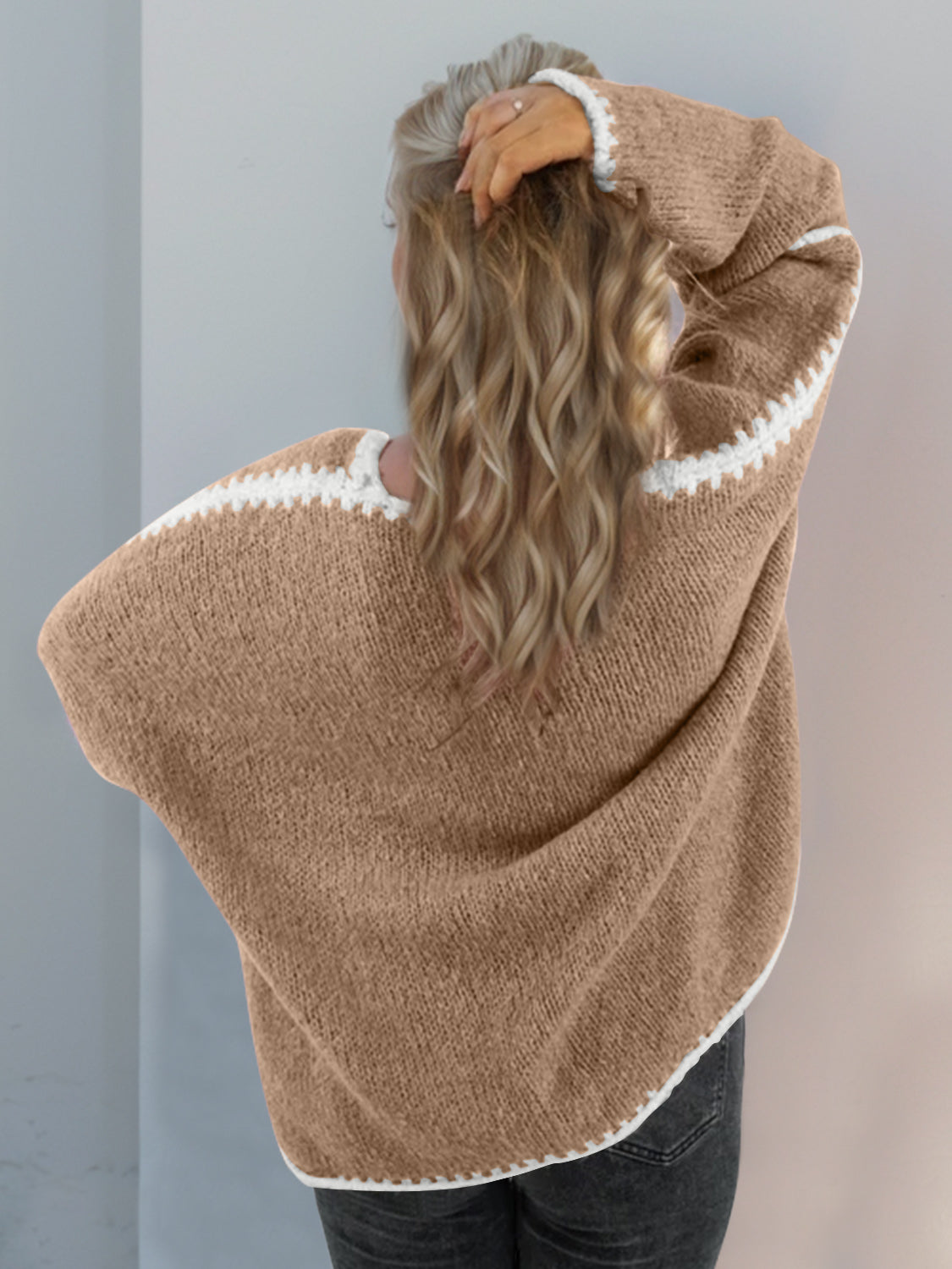 Double Take Contrast Open Front Dropped Shoulder Cardigan Trendsi