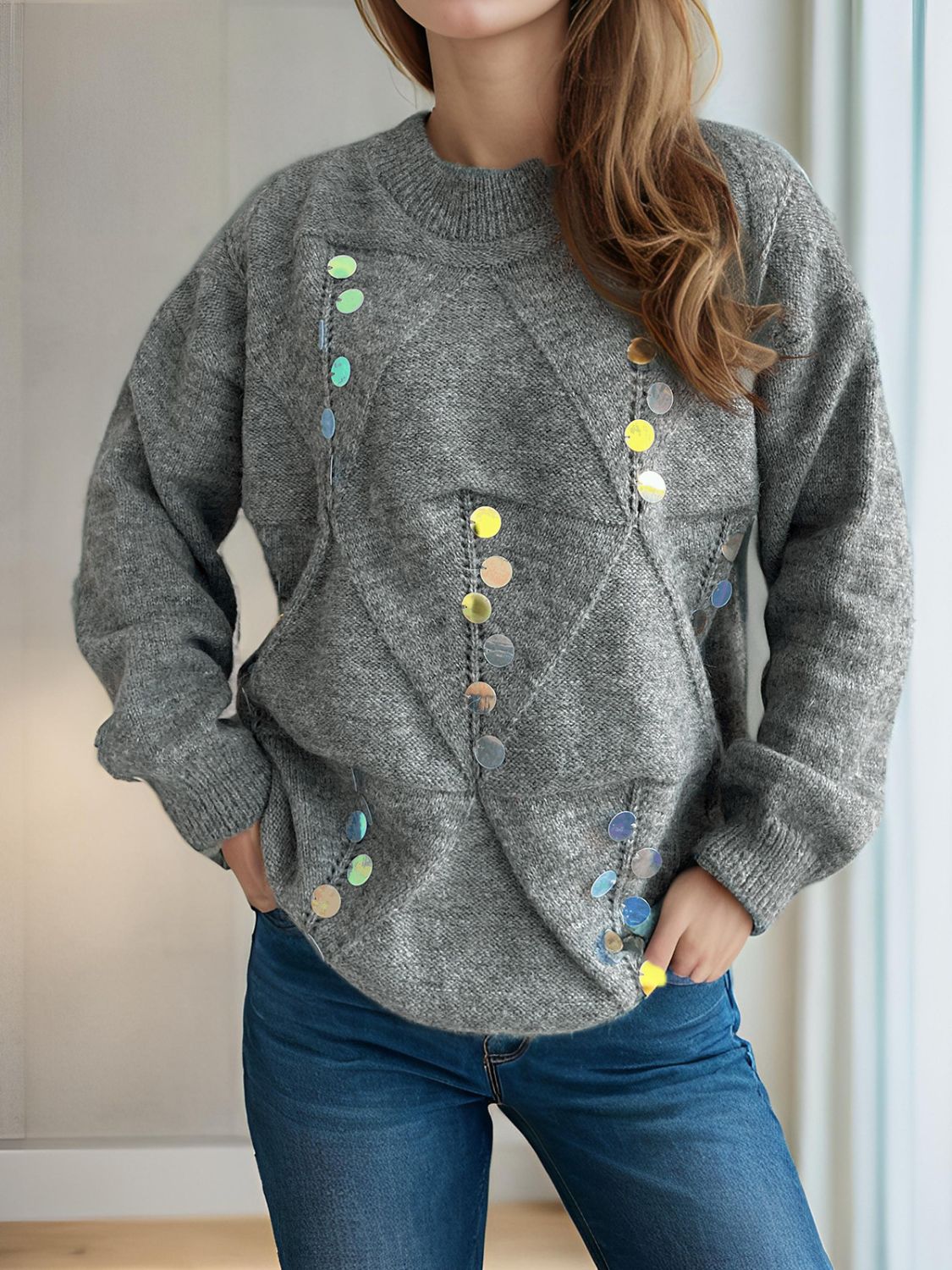 Sequin Mock Neck Long Sleeve Sweater Trendsi