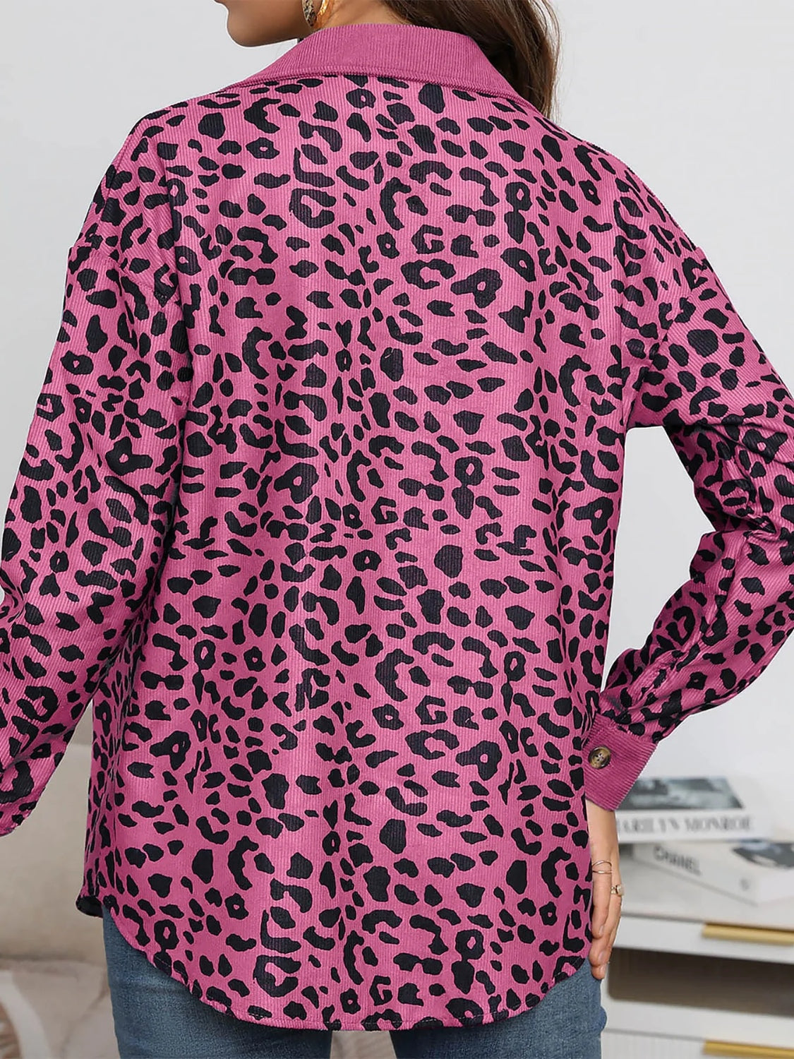 Full Size Leopard Collared Neck Button Up Long Sleeve Jacket Trendsi