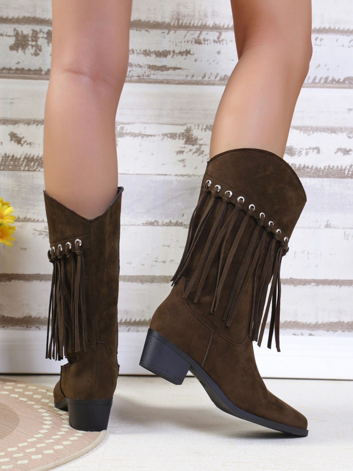 Fringe Suede Point Toe Block Heel Boots Trendsi