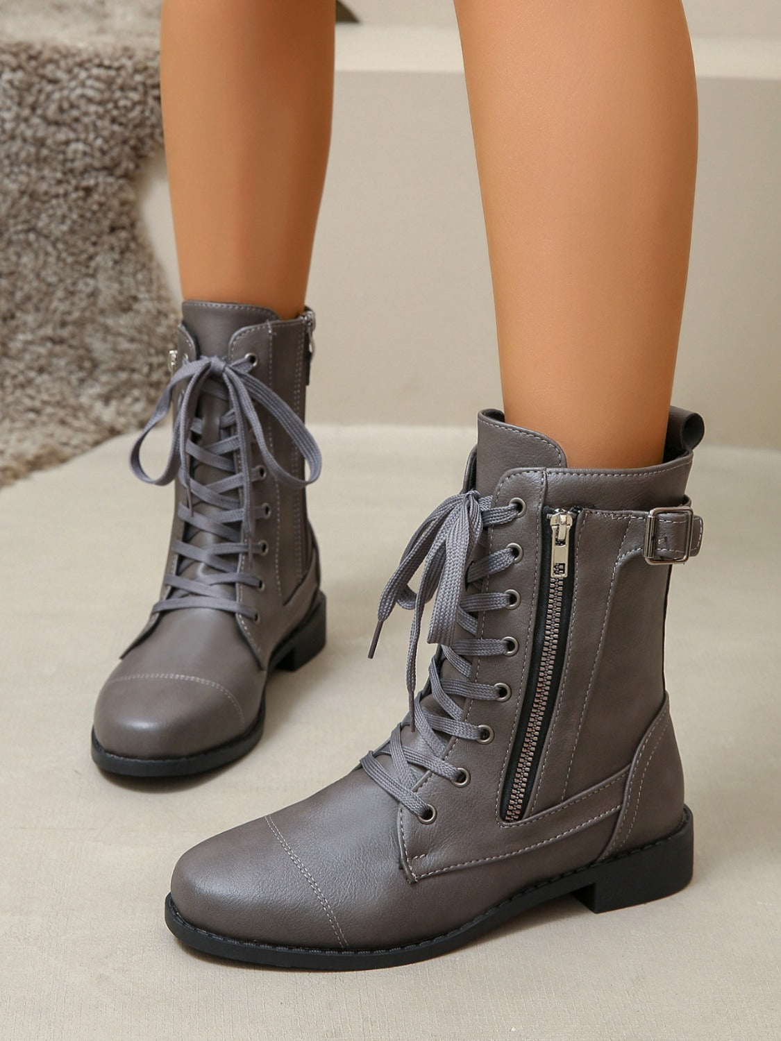 PU Leather Lace-Up Boots Trendsi