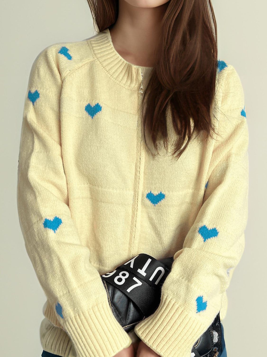 Heart Round Neck Zip Up Cardigan Trendsi