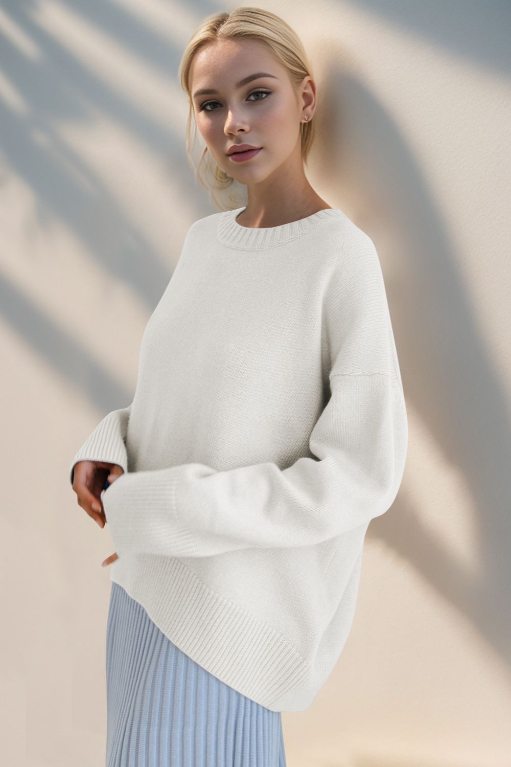 Basic Bae Round Neck Dropped Shoulder Sweater Trendsi