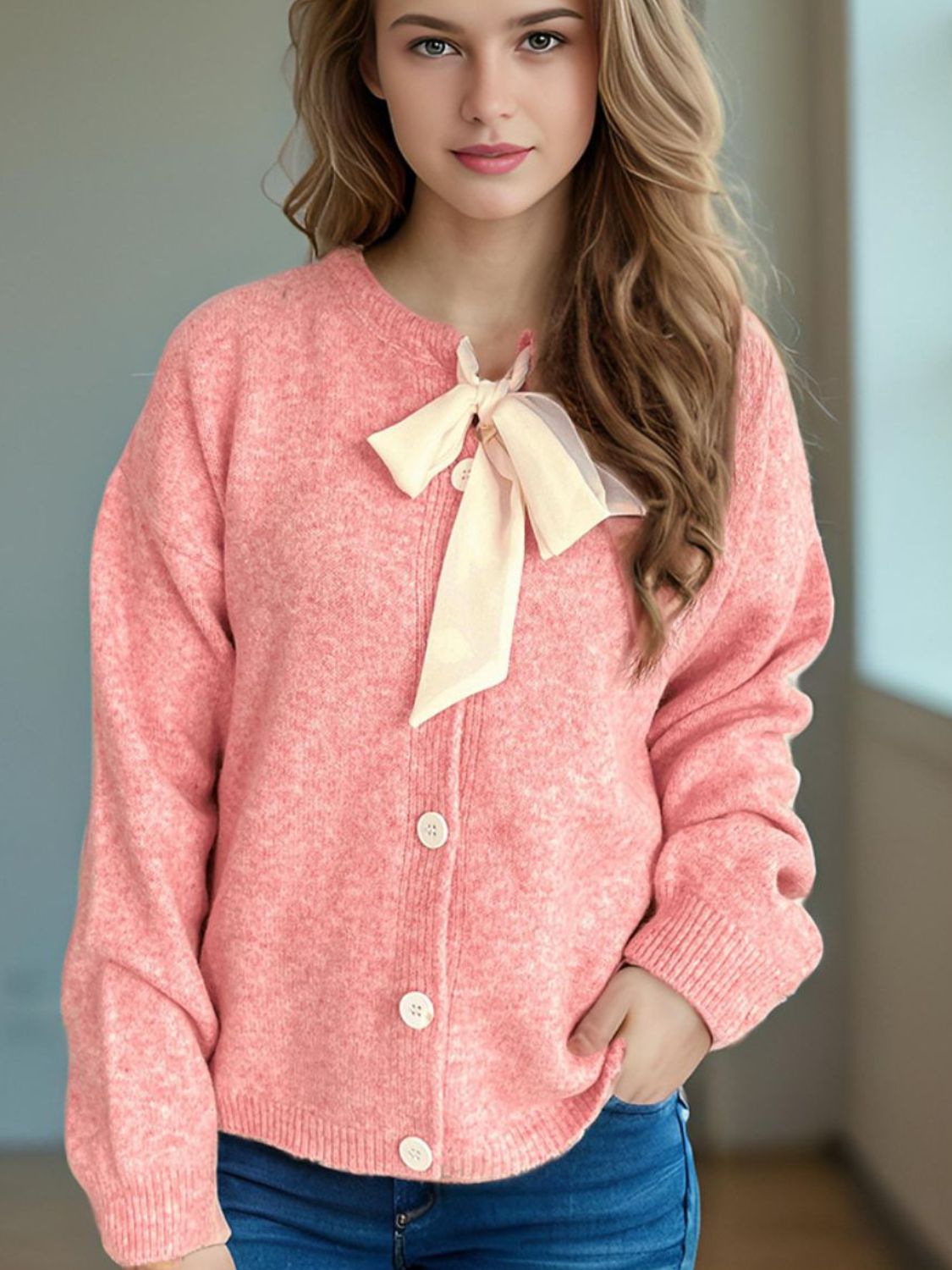 Tied Button Down Long Sleeve Cardigan Trendsi