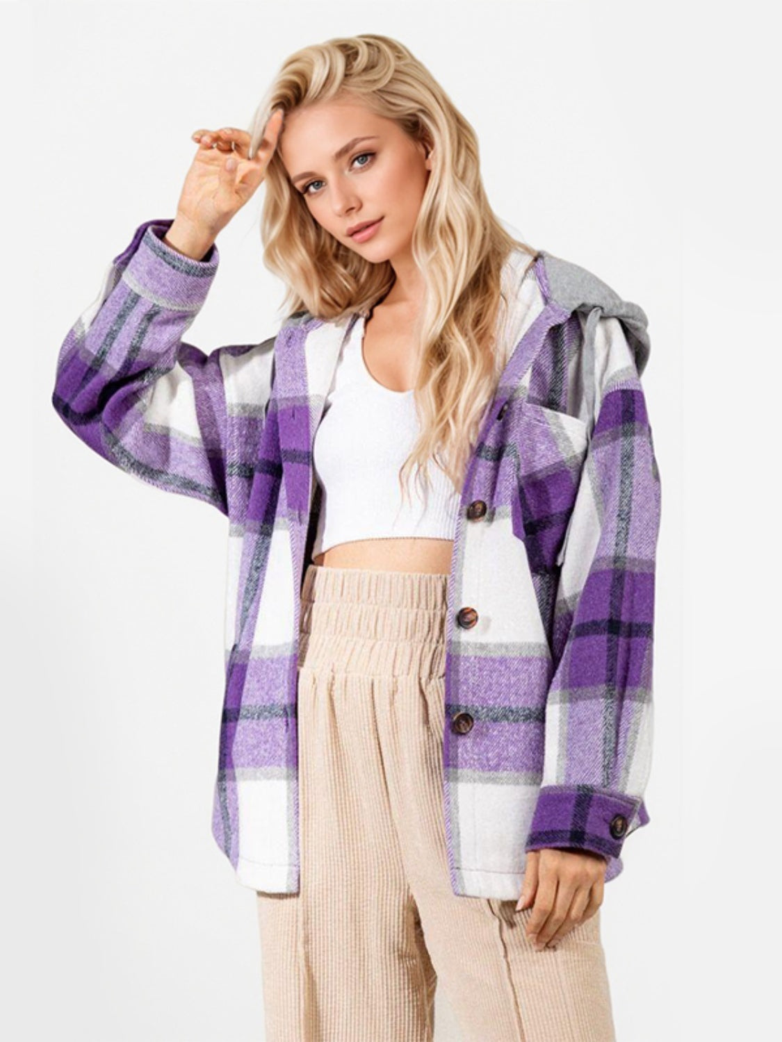 Drawstring Plaid Button Up Long Sleeve Outerwear Trendsi