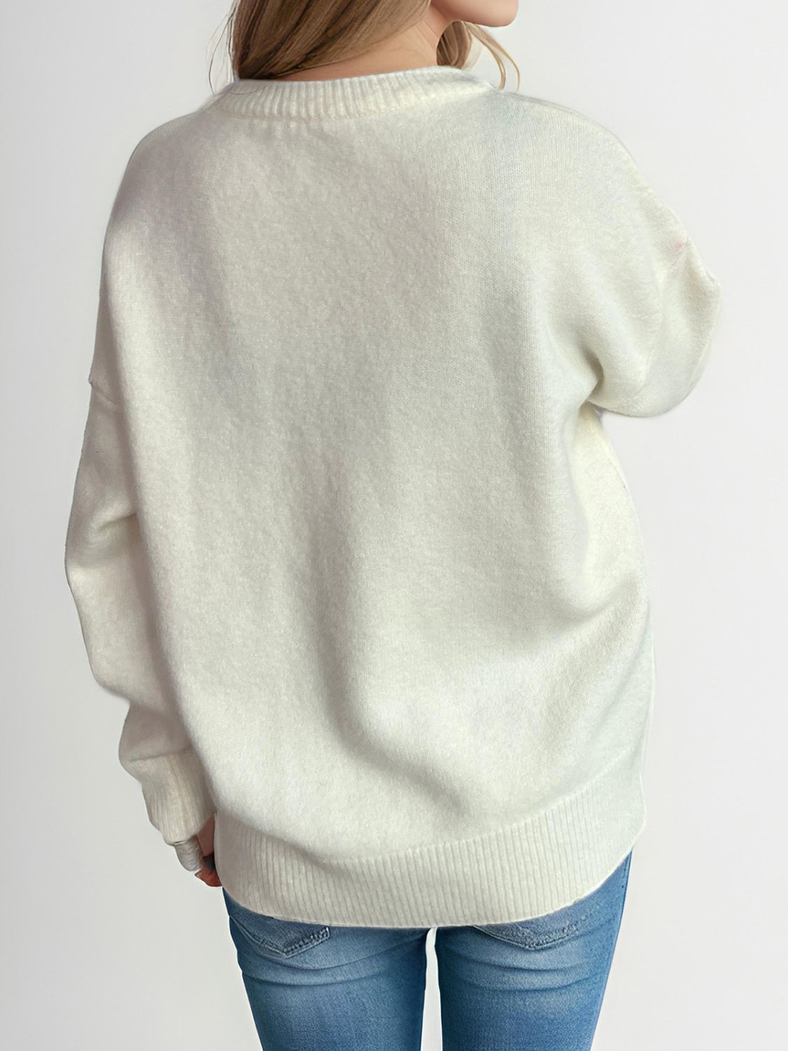 Round Neck Dropped Shoulder Long Sleeve Sweater Trendsi