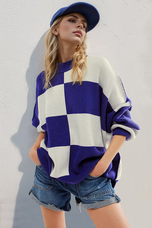 Double Take Slit Color Block Mock Neck Batwing Sleeve Sweater Trendsi