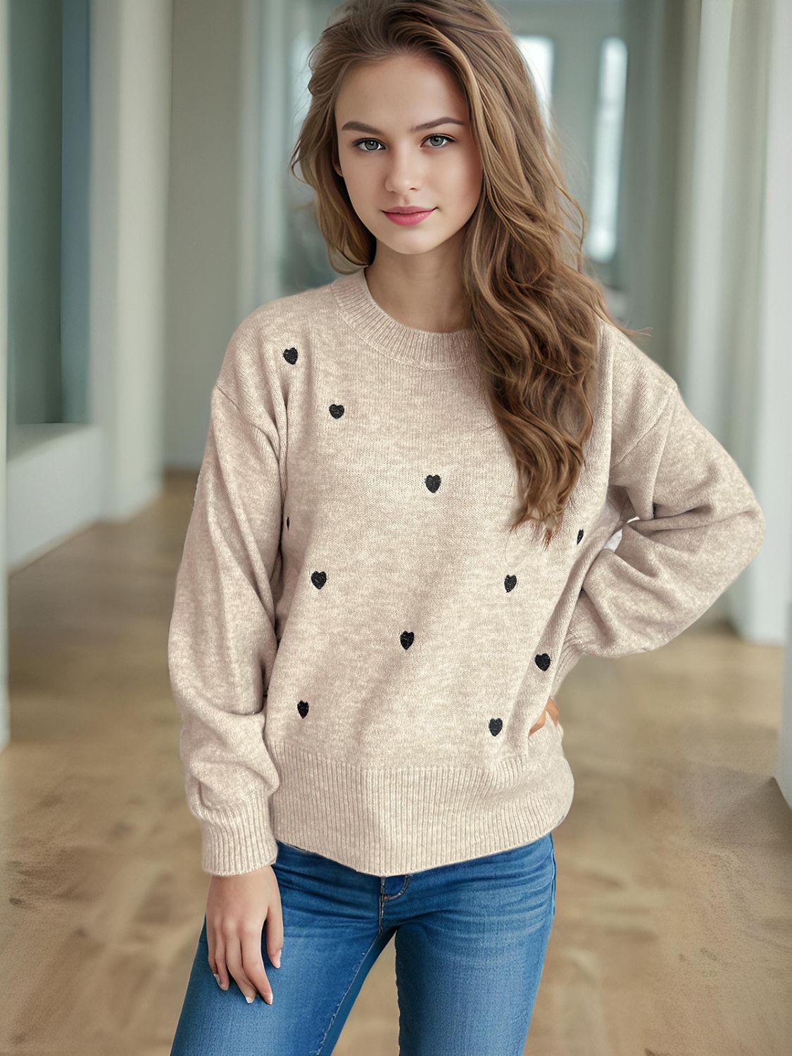 Heart Round Neck Long Sleeve Sweater Trendsi