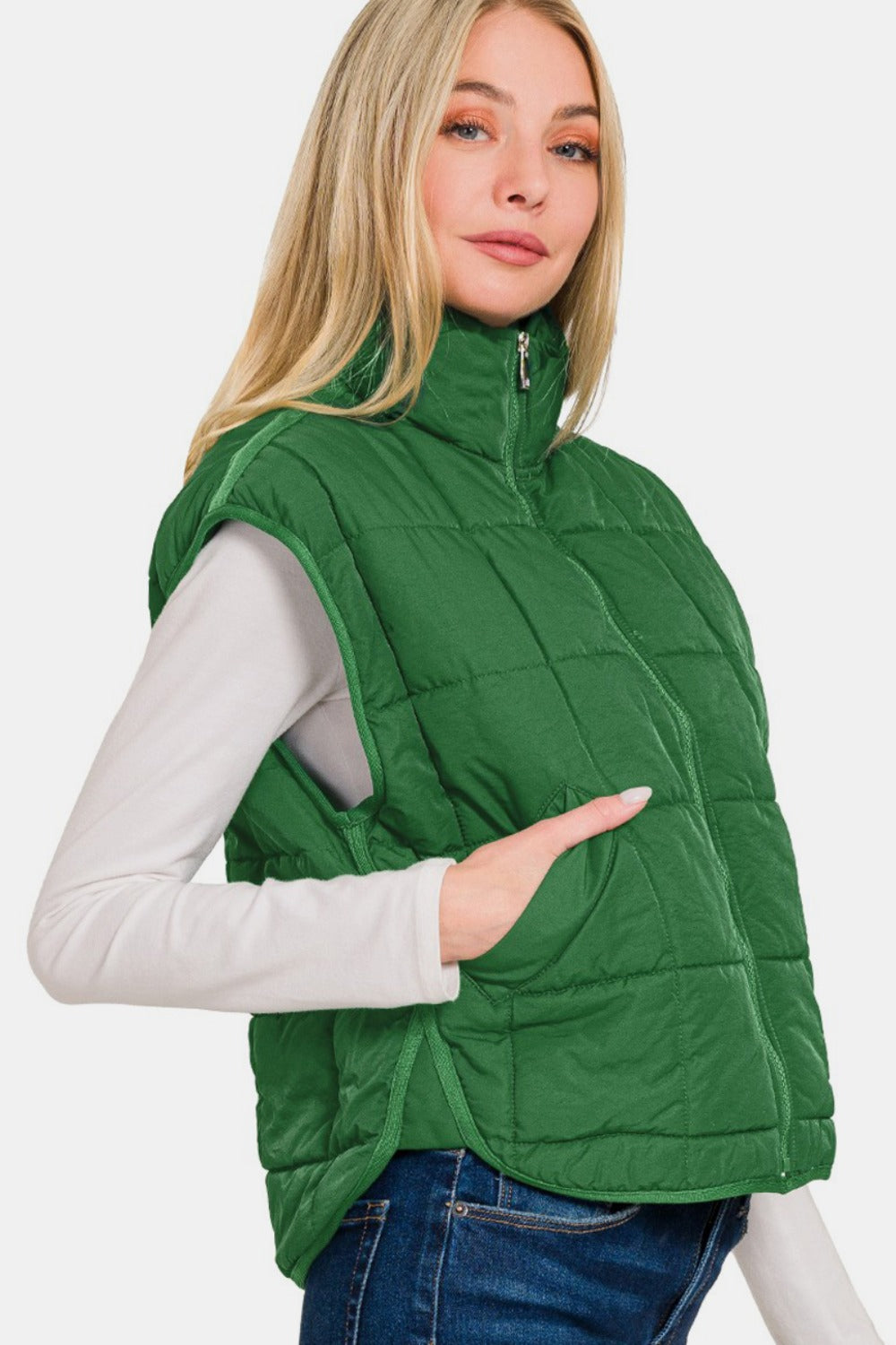 Zenana Zip Up Cropped Puffer Vest with Pockets Trendsi