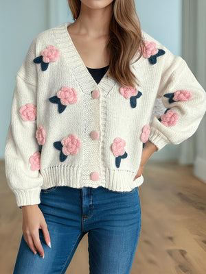 Flower Button Down V-Neck Long Sleeve Cardigan Trendsi