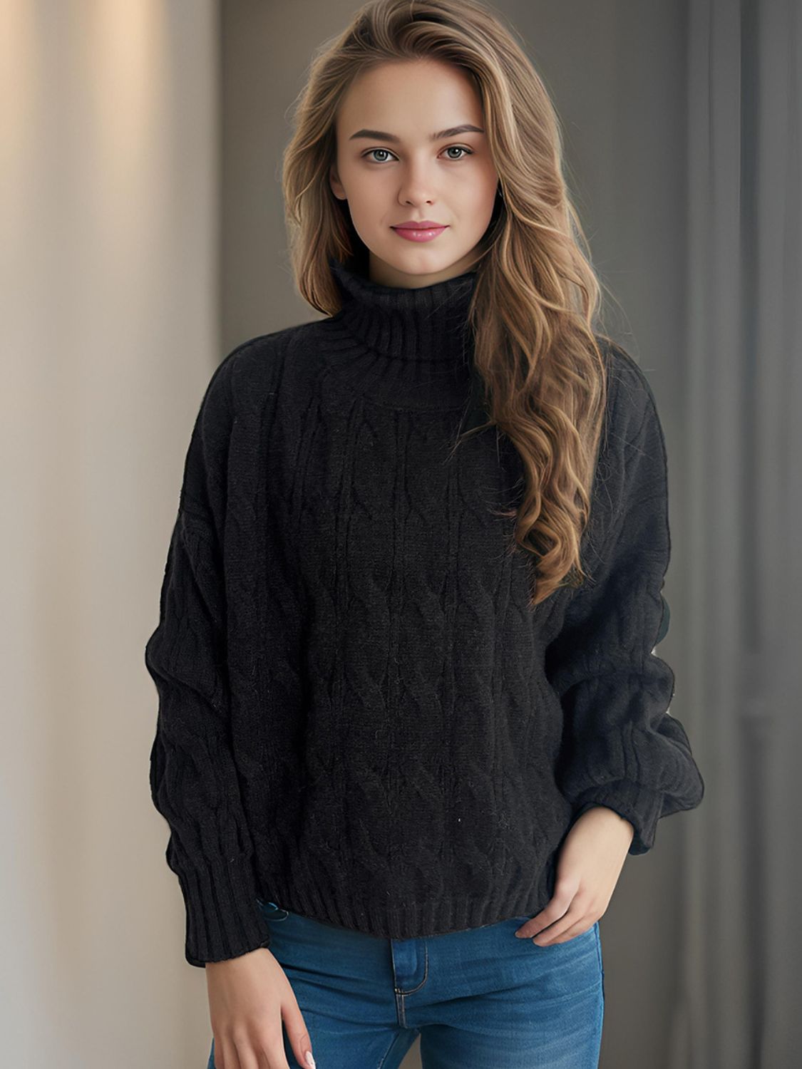 Cable-Knit Turtleneck Long Sleeve Sweater Trendsi