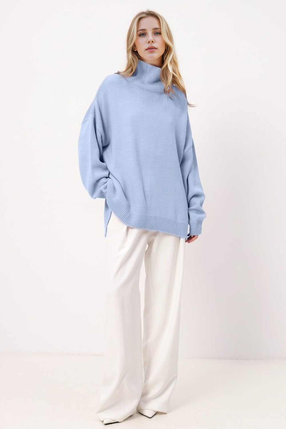 Basic Bae Side Slit Turtleneck Long Sleeve Sweater Trendsi