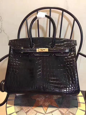 Birkin 35cm Crocodile Leather Handbag Black Gold Kilta bags