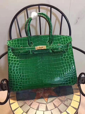 Birkin 35cm Crocodile Leather Handbag Green Gold Kilta bags