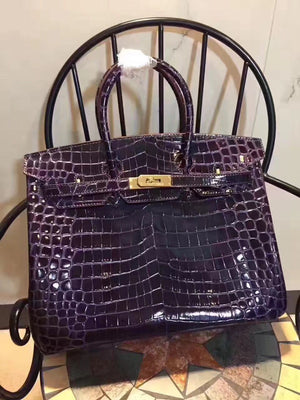 Birkin 35cm Crocodile Leather Handbag Dark Purple Gold Kilta bags