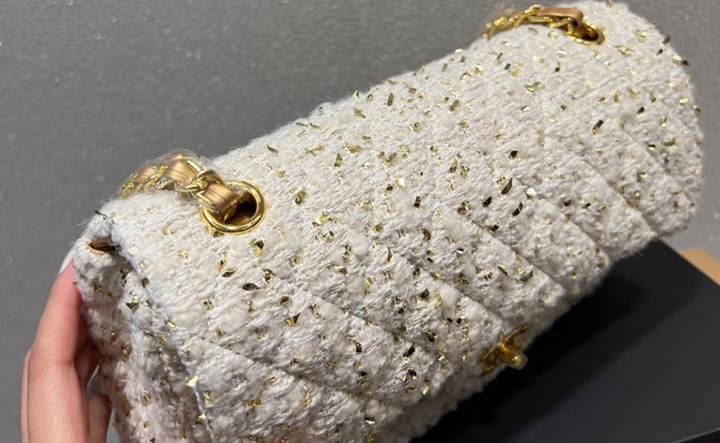 Sneakerhill - Tweed Double Flap Bag White/Gold - sneakerhillcom