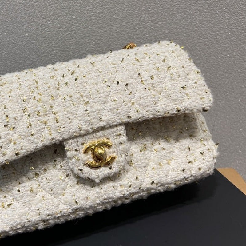 Sneakerhill - Tweed Double Flap Bag White/Gold - sneakerhillcom