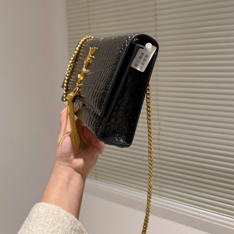 Sneakerhill - Medium Kate  Tassel Croc Bag With Chain Black - sneakerhillcom