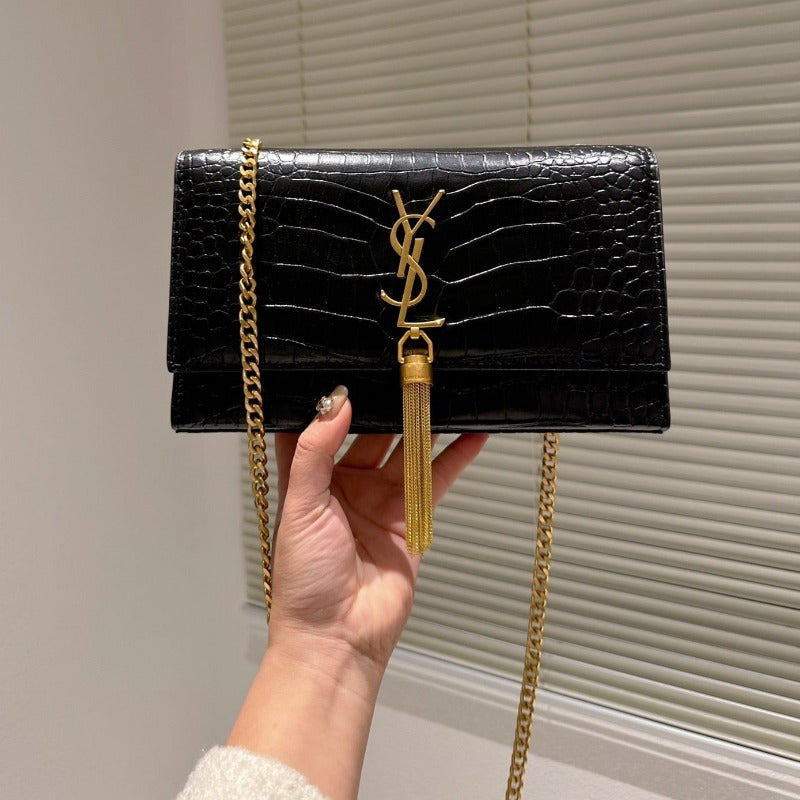 Sneakerhill - Medium Kate  Tassel Croc Bag With Chain Black - sneakerhillcom