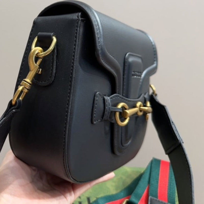 Sneakerhill - Lady Web Saddle Leather Bag Black - sneakerhillcom