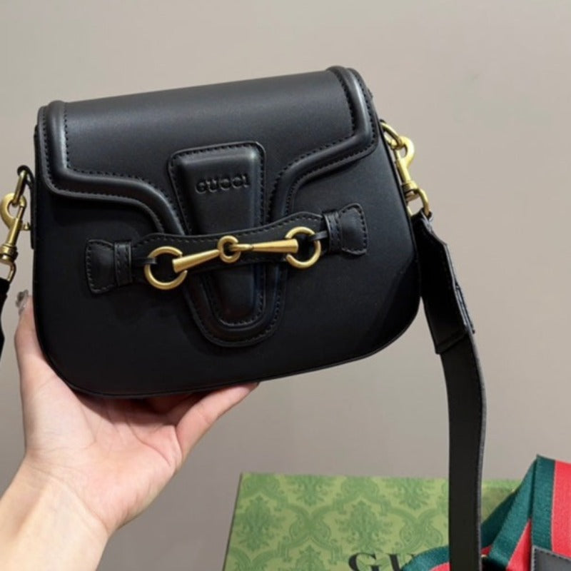 Sneakerhill - Lady Web Saddle Leather Bag Black - sneakerhillcom