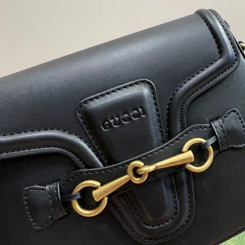 Sneakerhill - Lady Web Saddle Leather Bag Black - sneakerhillcom