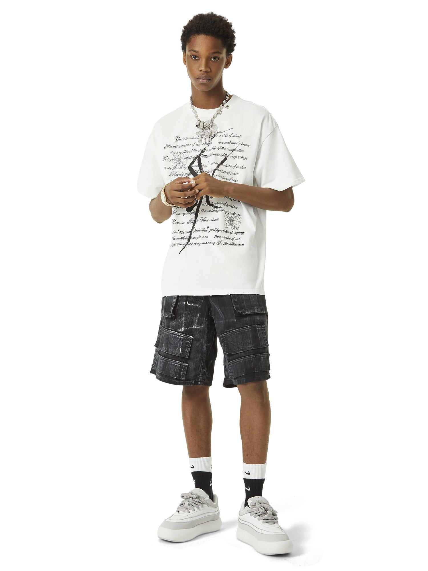 Sneakerhill White Brush Marks Denim Shorts SP240603SLAH