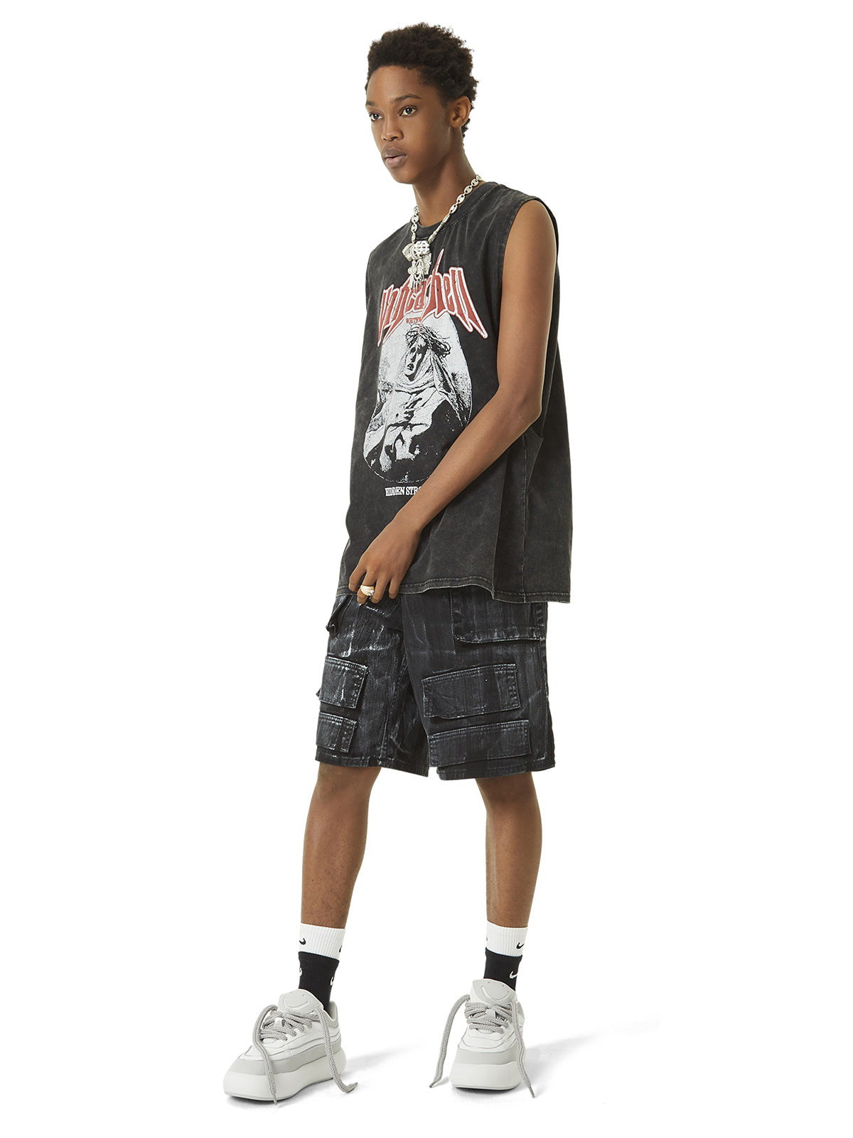 Sneakerhill Retro Washed Character Thorns Street Rap Vest SP240603PS9Y