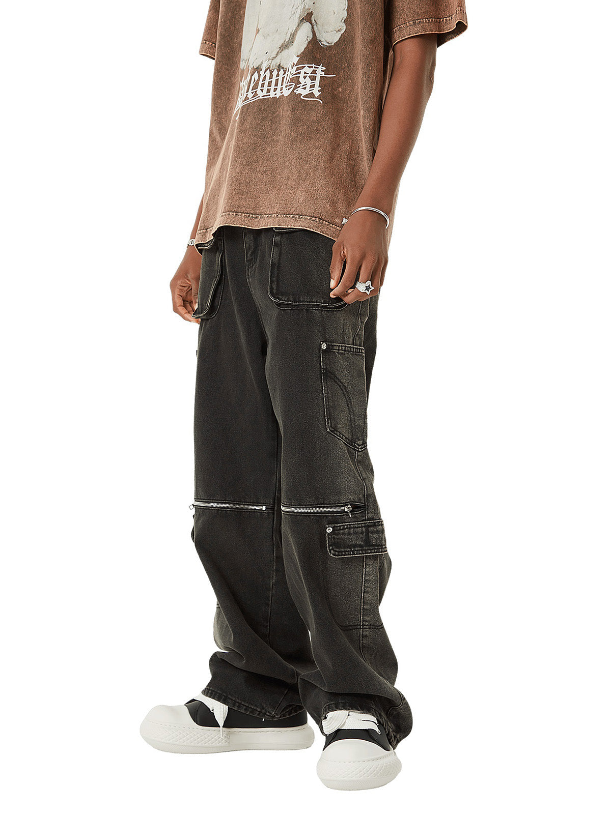 Sneakerhill Multi-pocket Zipper Design Washed Hip-Hop Jeans - 2112 - sneakerhillcom