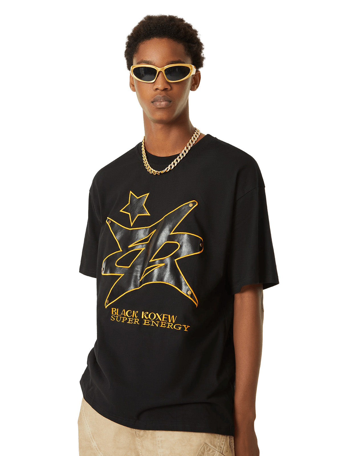 Sneakerhill Leather Studded Creative Star Street Rap T-shirt SP240603G5E0