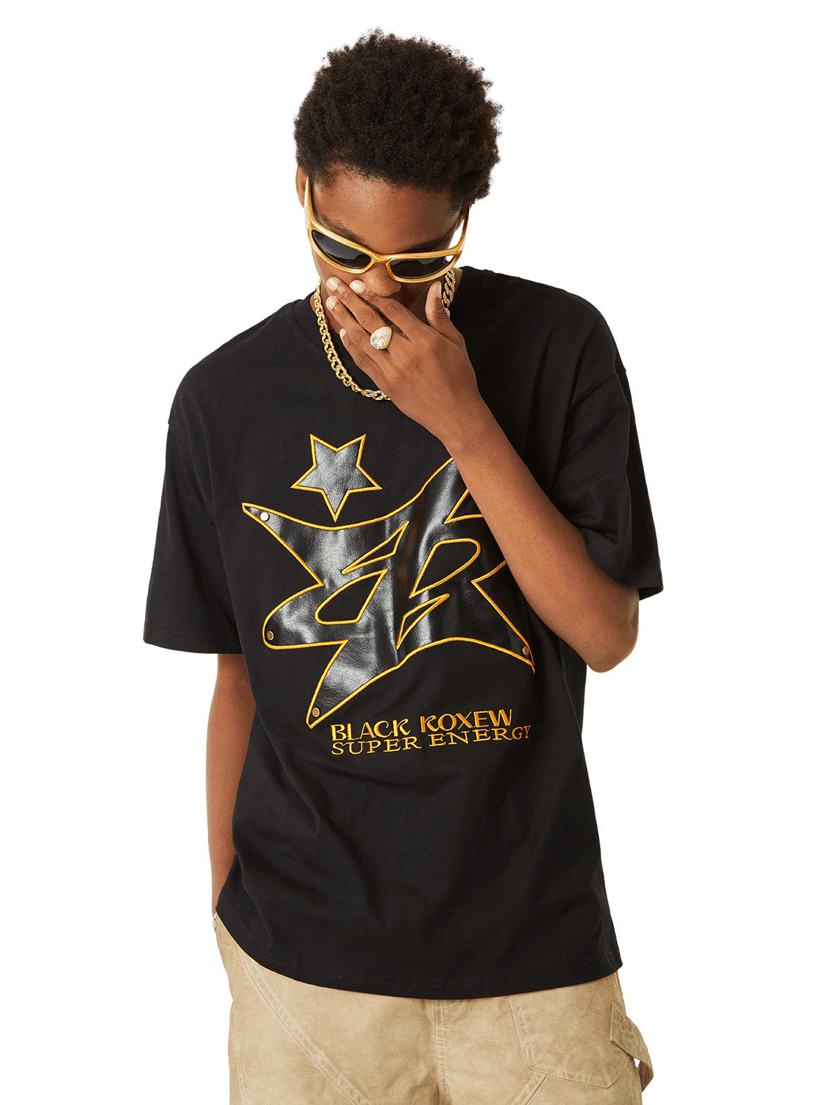 Sneakerhill Leather Studded Creative Star Street Rap T-shirt SP240603G5E0