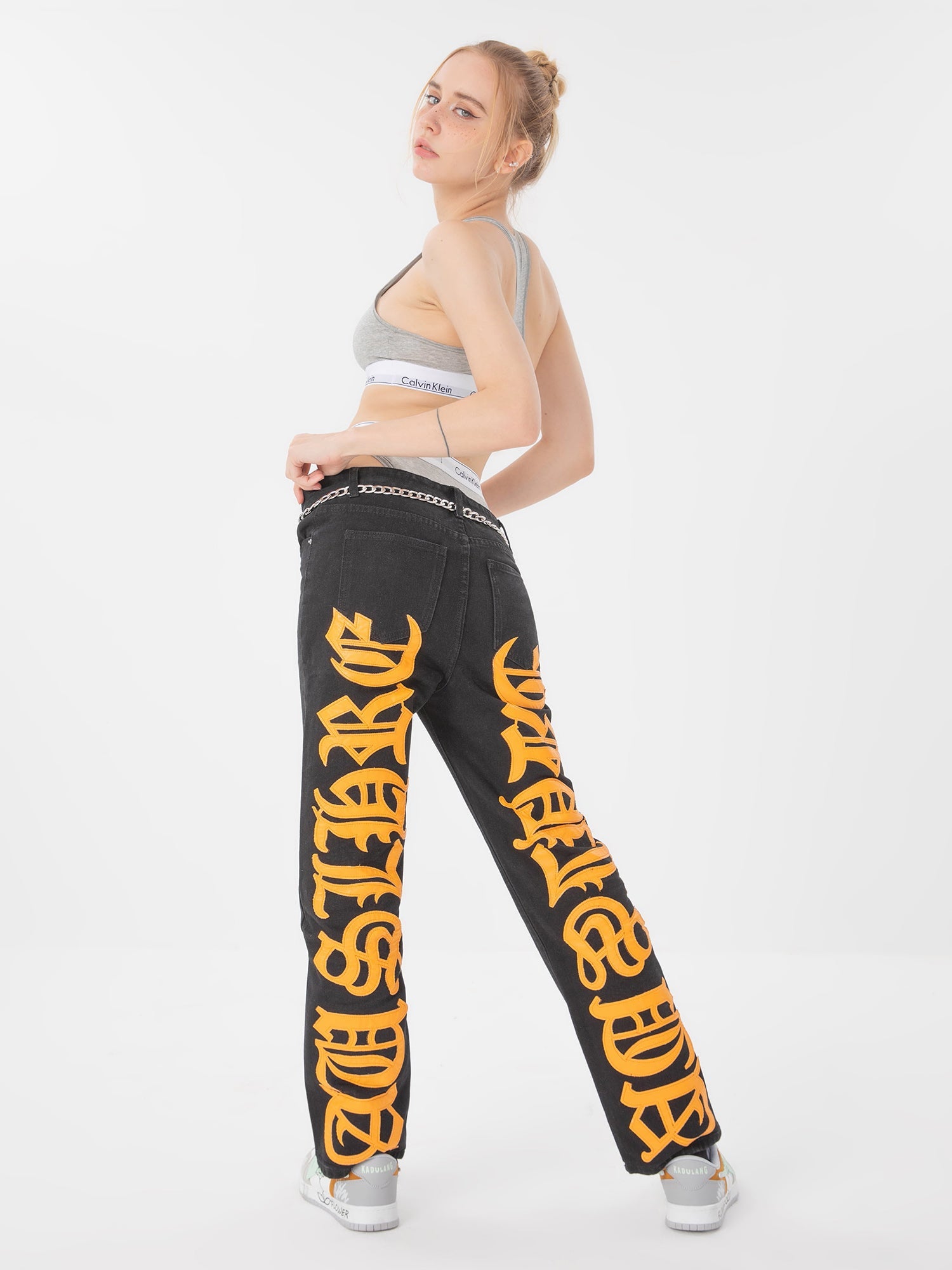 Sneakerhill Burning Text Embroidered Letters Jeans -1478 SP221028NFM9