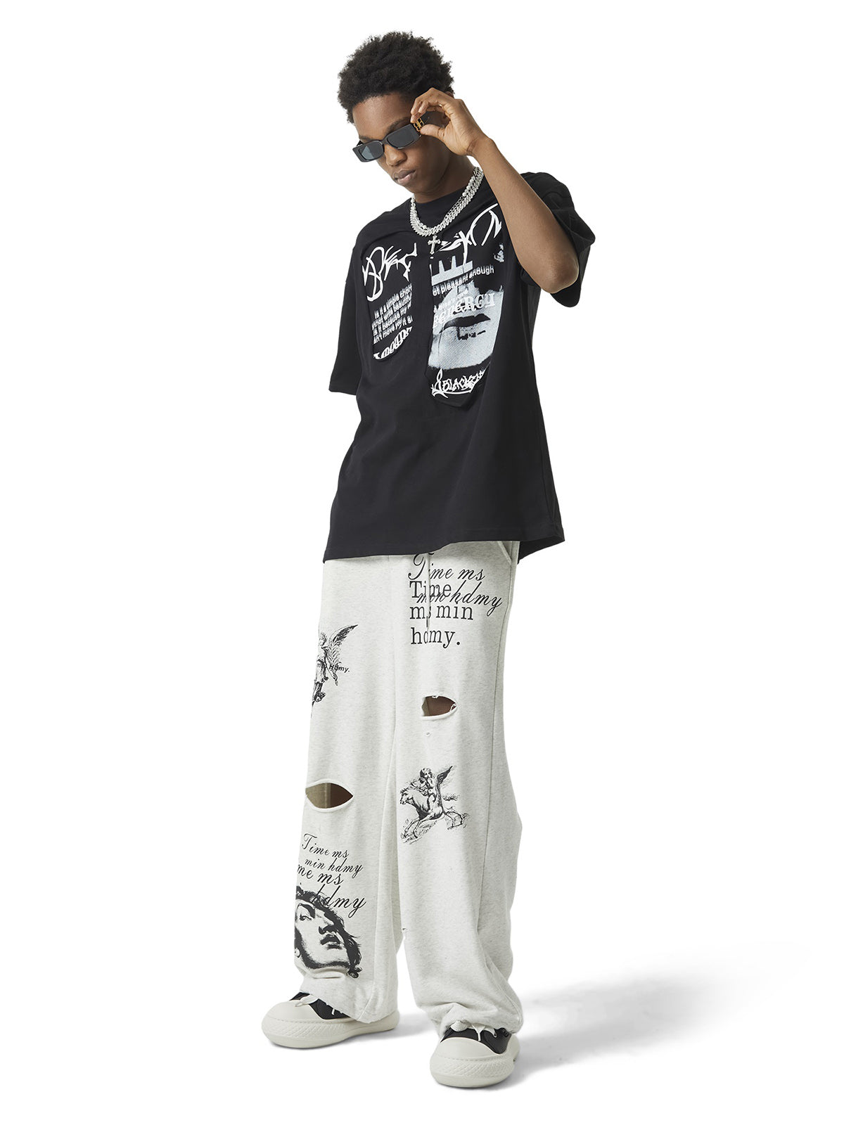 Sneakerhill Cut Hole Angel Drawing Letter Pants