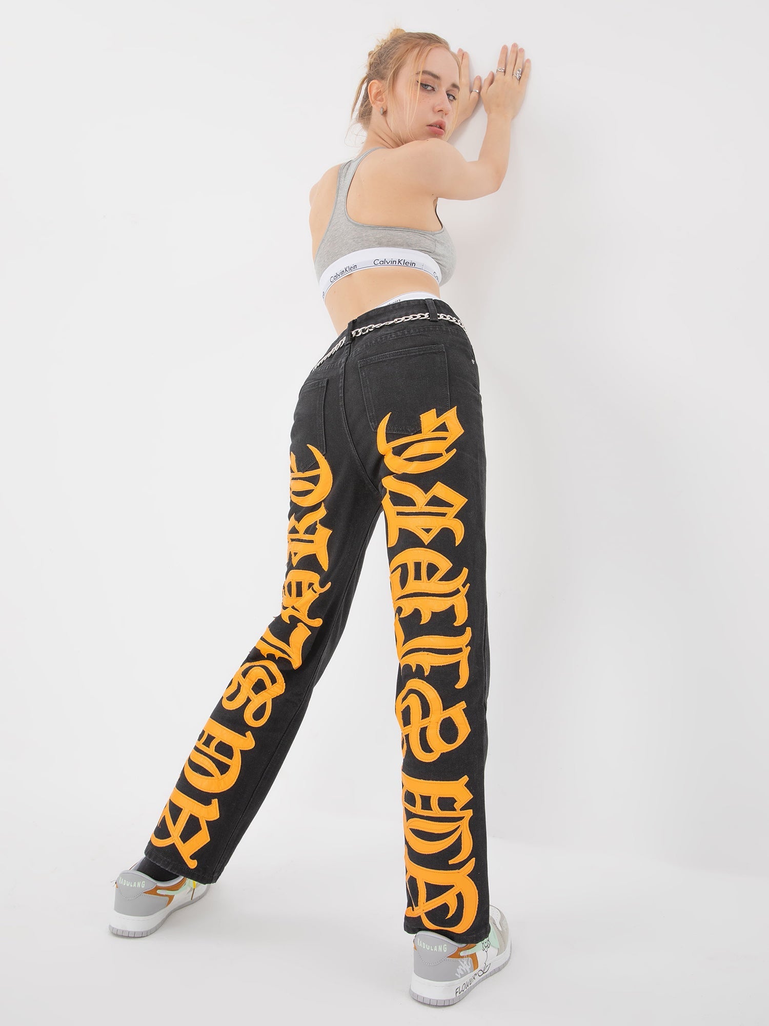 Sneakerhill Burning Text Embroidered Letters Jeans -1478 SP221028NFM9