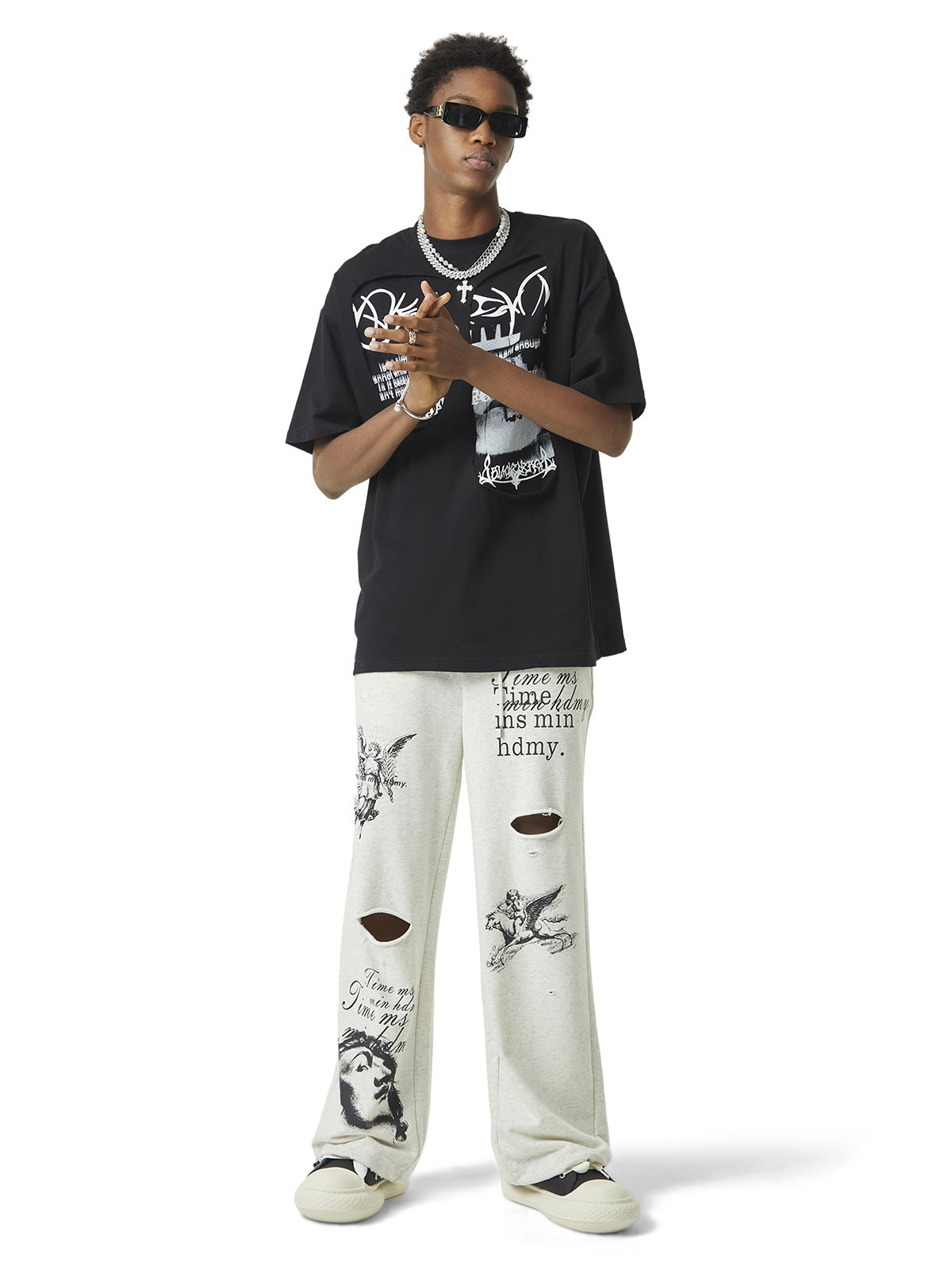 Sneakerhill Cut Hole Angel Drawing Letter Pants