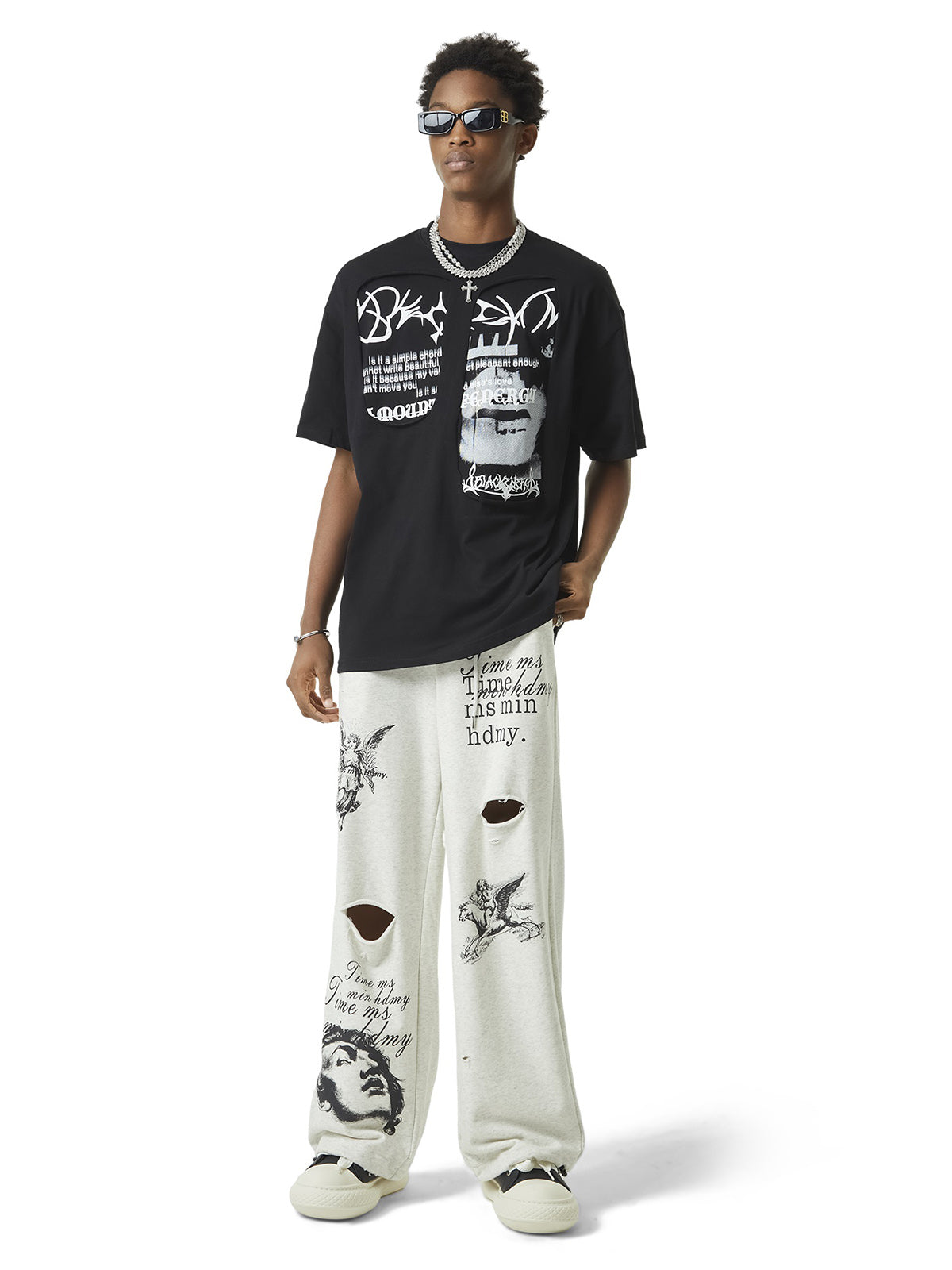 Sneakerhill Cut Hole Angel Drawing Letter Pants