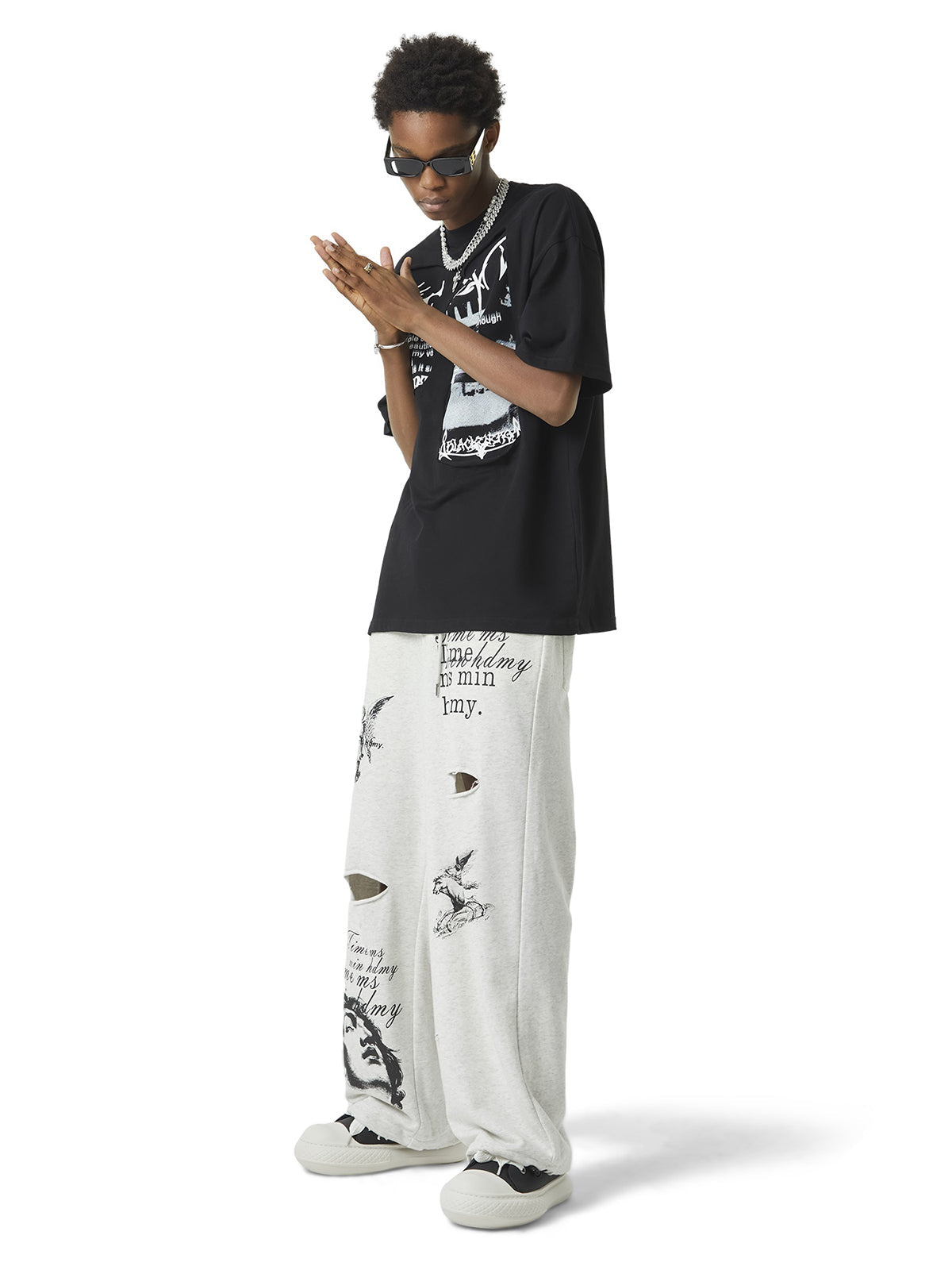 Sneakerhill Cut Hole Angel Drawing Letter Pants