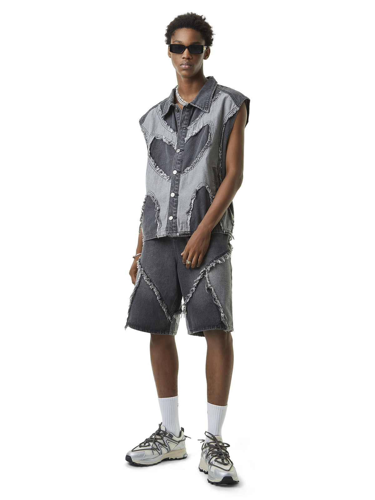 Sneakerhill Contrast Denim Heart Stitching Street Rap Vest - 2062 SP2406050Q73